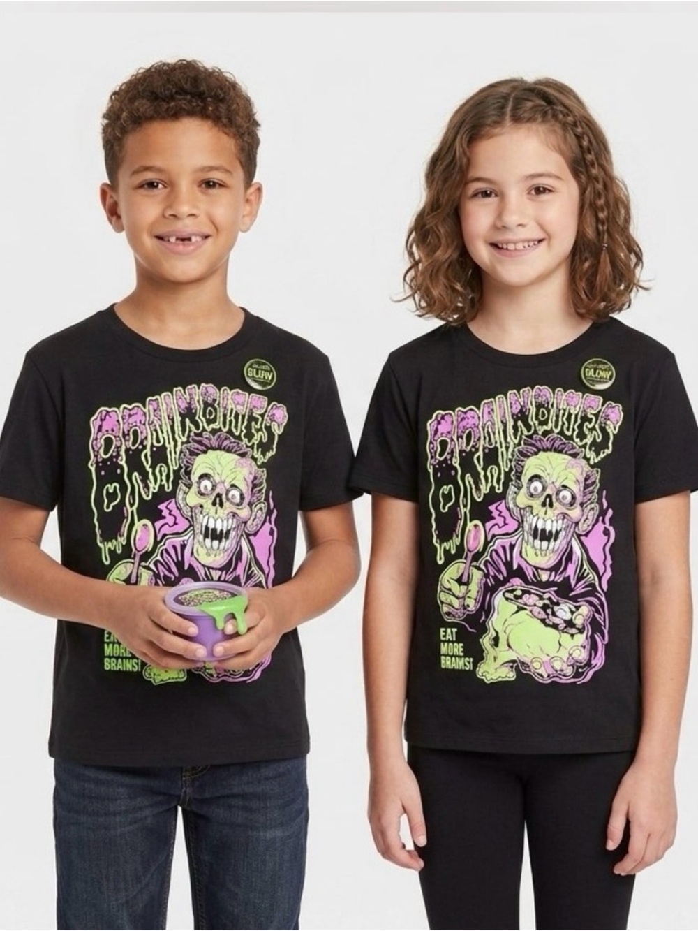 Cat & Jack Black Graphic Tee with Neon Green and Pink Zombie Print Unisex